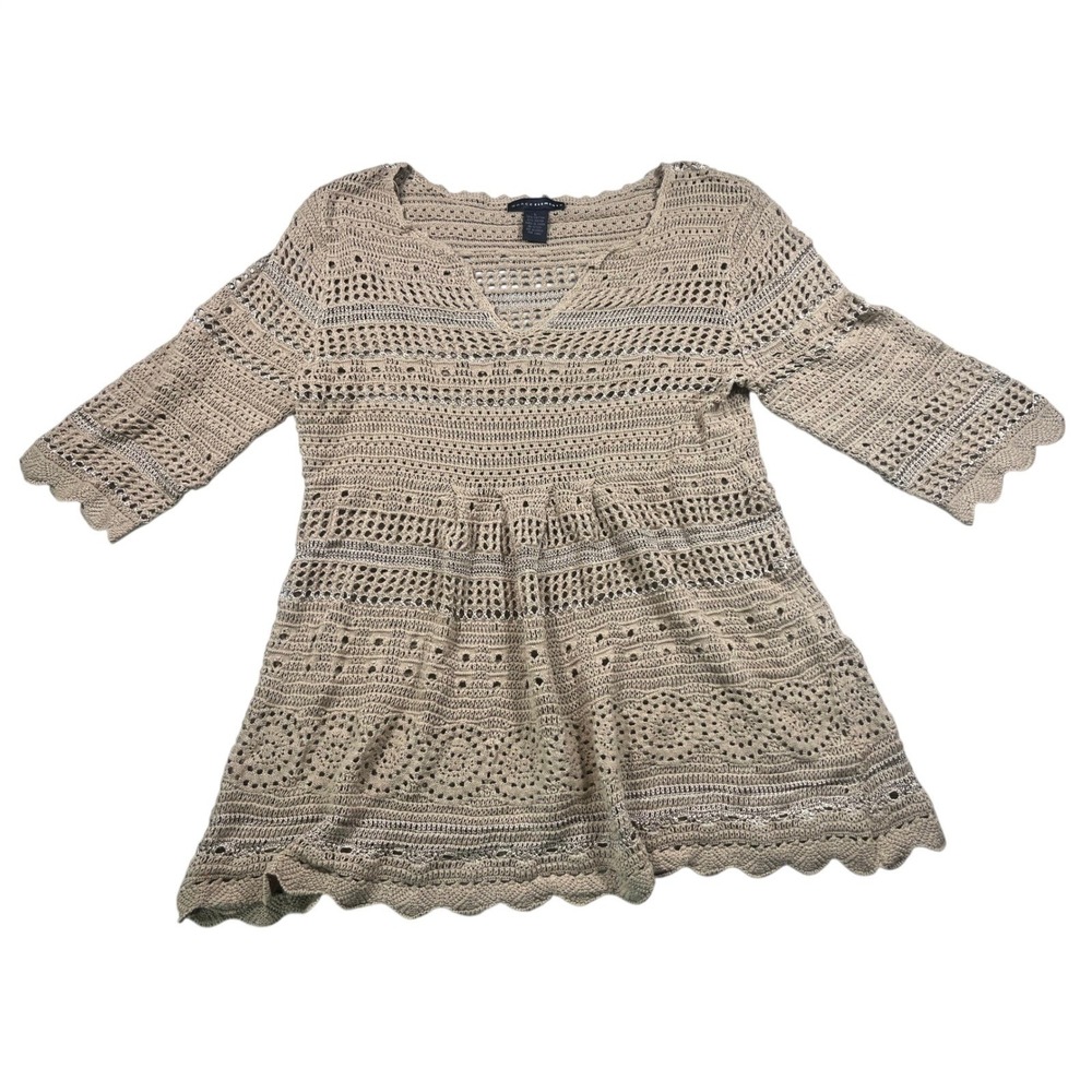 Grace Elements Crochet Tunic Mini Dress Large Beige Boho Bell Sleeve Cotton